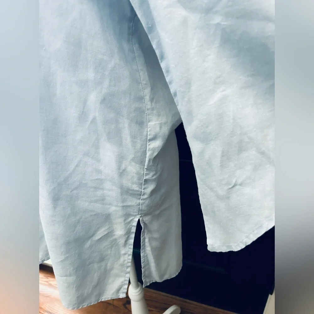 NWOT 100% Linen Size Small Baby Blue Crochet Detail Wide Flare Sleeves Tunic - Picture 6 of 14